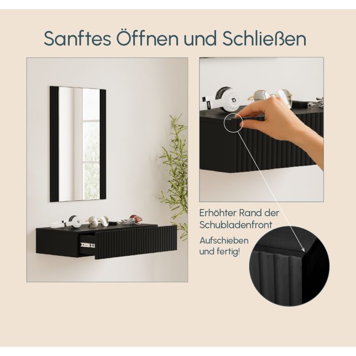 Flurmöbel Schwarz geriffelt mit Spiegel und Schublade Amira