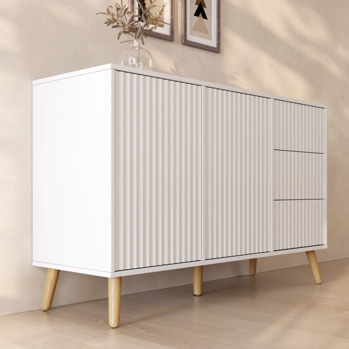 Gerilltes Sideboard Renzo L mit 2 Tür und Schubladen - Weiß