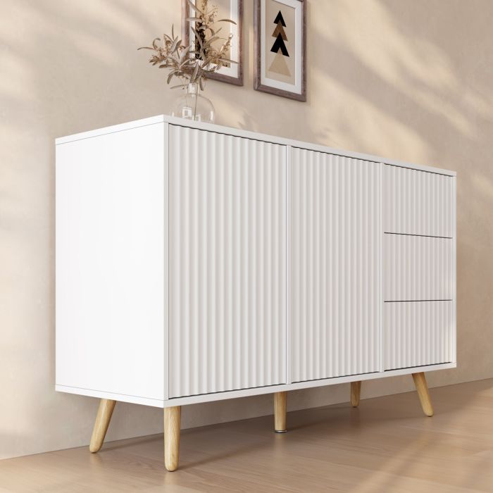 Gerilltes Sideboard Renzo L mit 2 Tür und Schubladen - Weiß