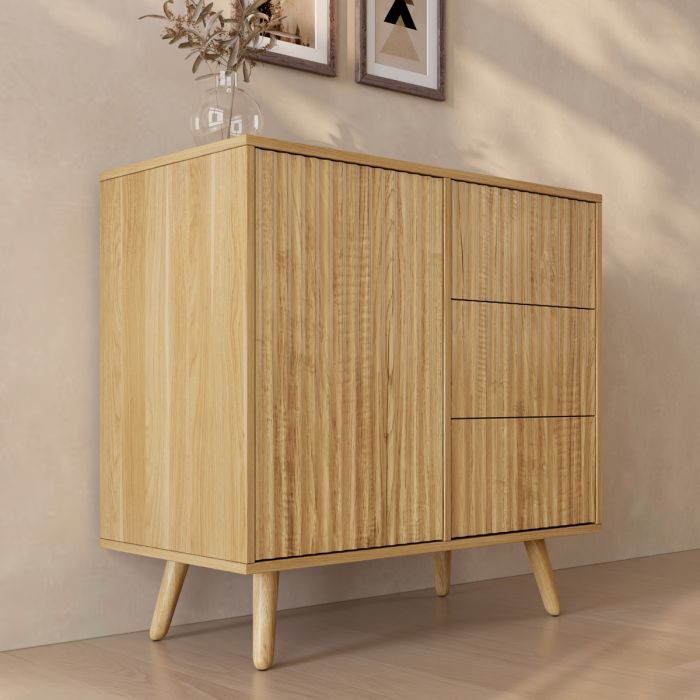 Gerilltes Sideboard Renzo M mit 1 Tür und Schubladen - Eiche Alba