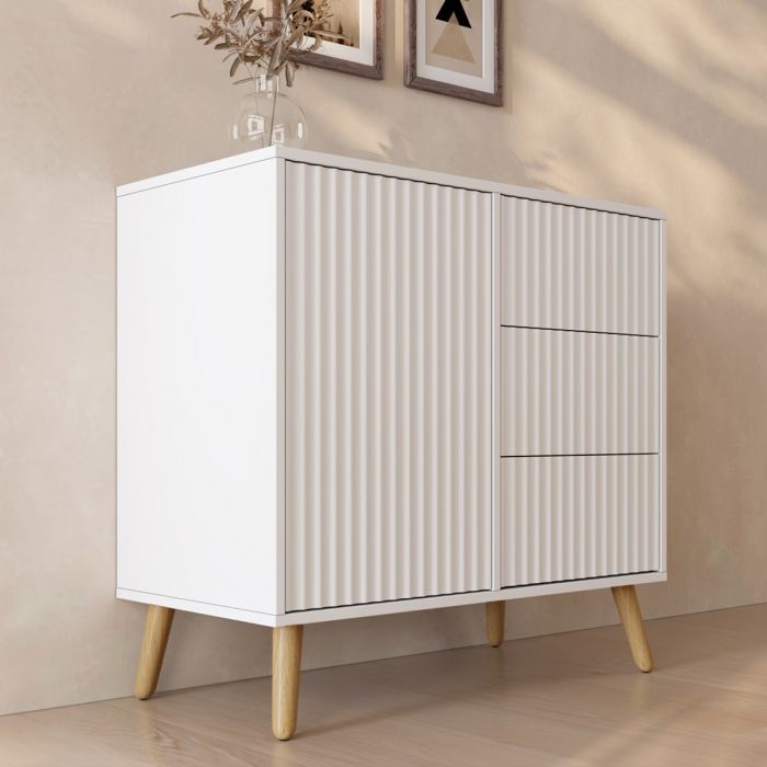 Gerilltes Sideboard Renzo M mit 1 Tür und Schubladen - Weiß