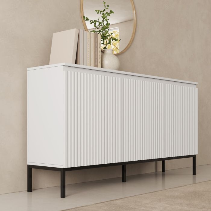 Sideboard Logan geriffelt 3 Türen Farbe Weiß