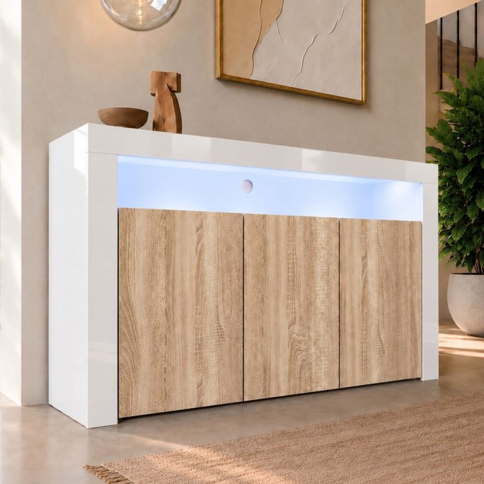 Sideboard Modell Aker - Weiß glänzend und sonoma matt