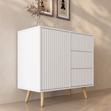 Gerilltes Sideboard Renzo M mit 1 Tür und Schubladen - Weiß