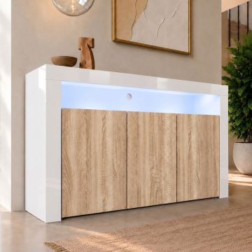 Sideboard Modell Aker - Weiß glänzend und sonoma matt
