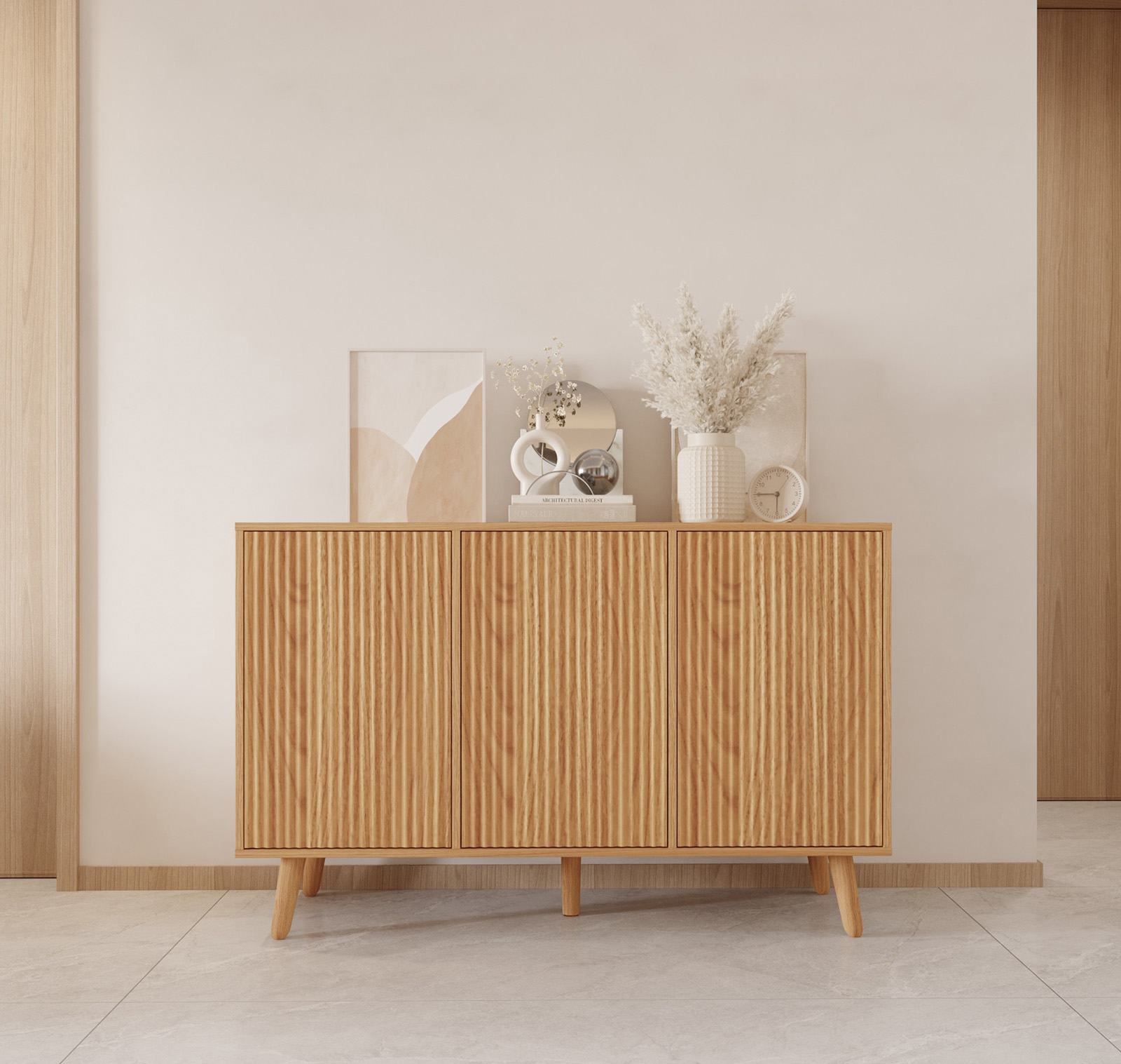 Sideboard Farbe Eiche Alba 120 cm mit geriffelten Türen Renzo