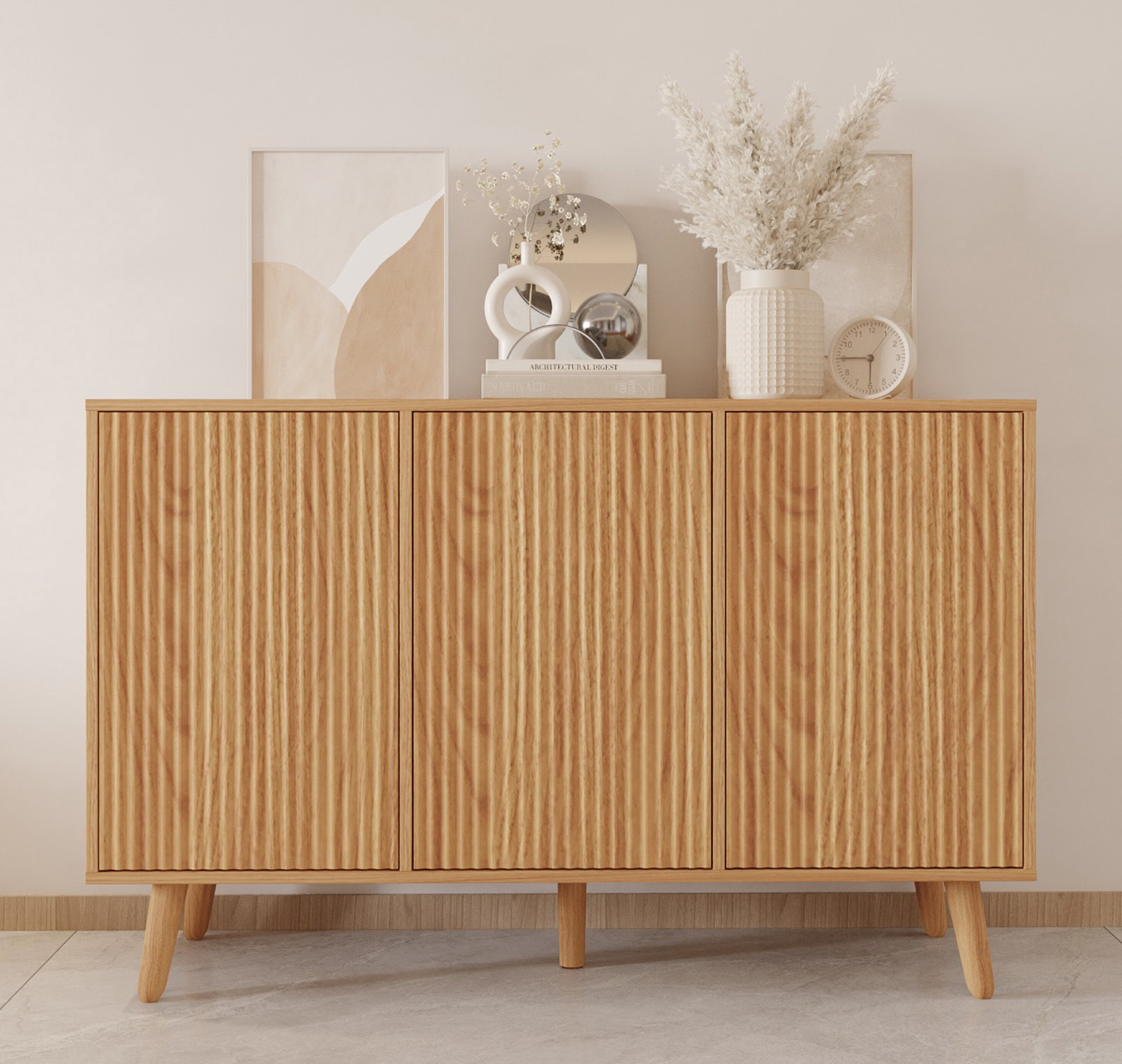 Sideboard Farbe Eiche Alba 120 cm mit geriffelten Türen Renzo