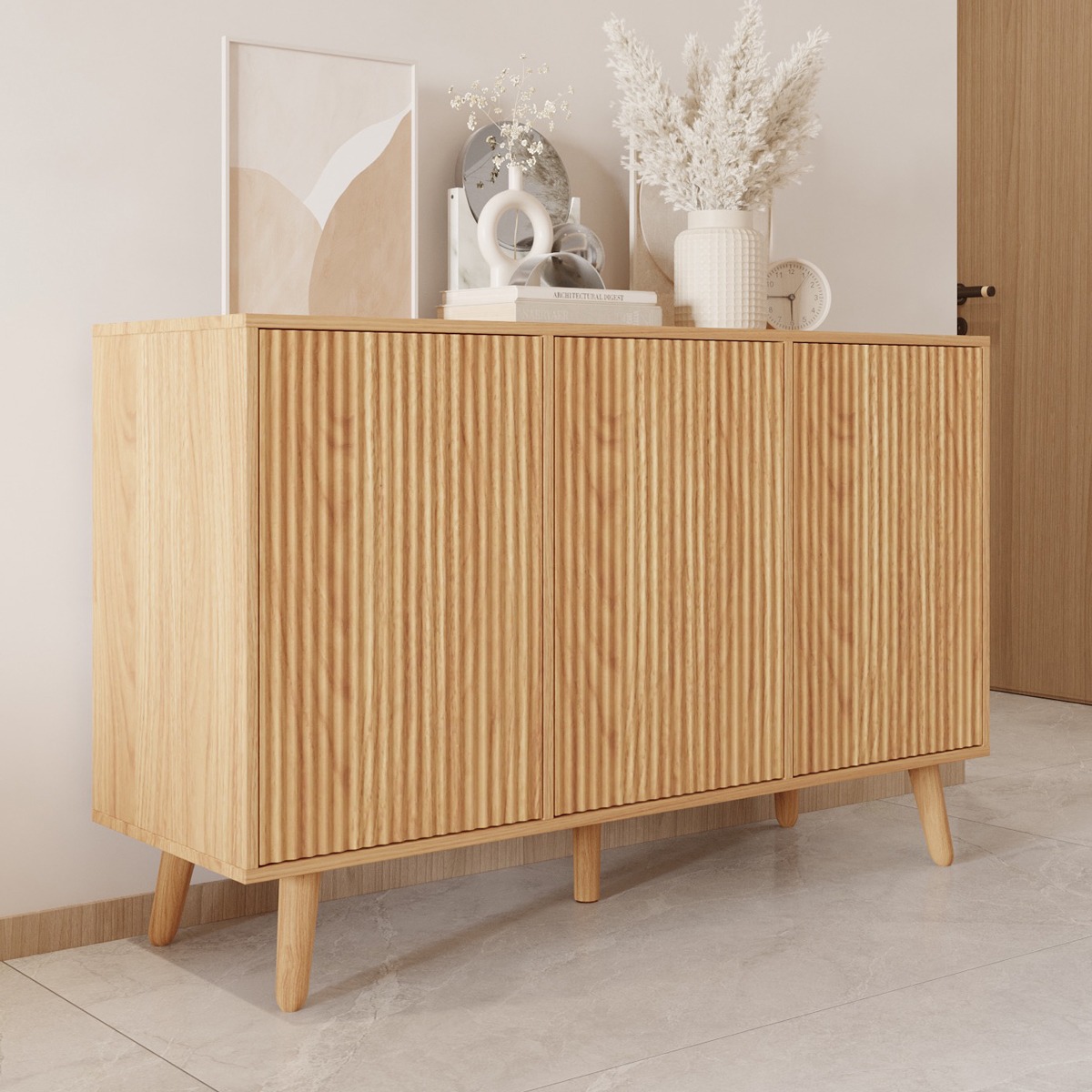 Sideboard Farbe Eiche Alba 120 cm mit geriffelten Türen Renzo