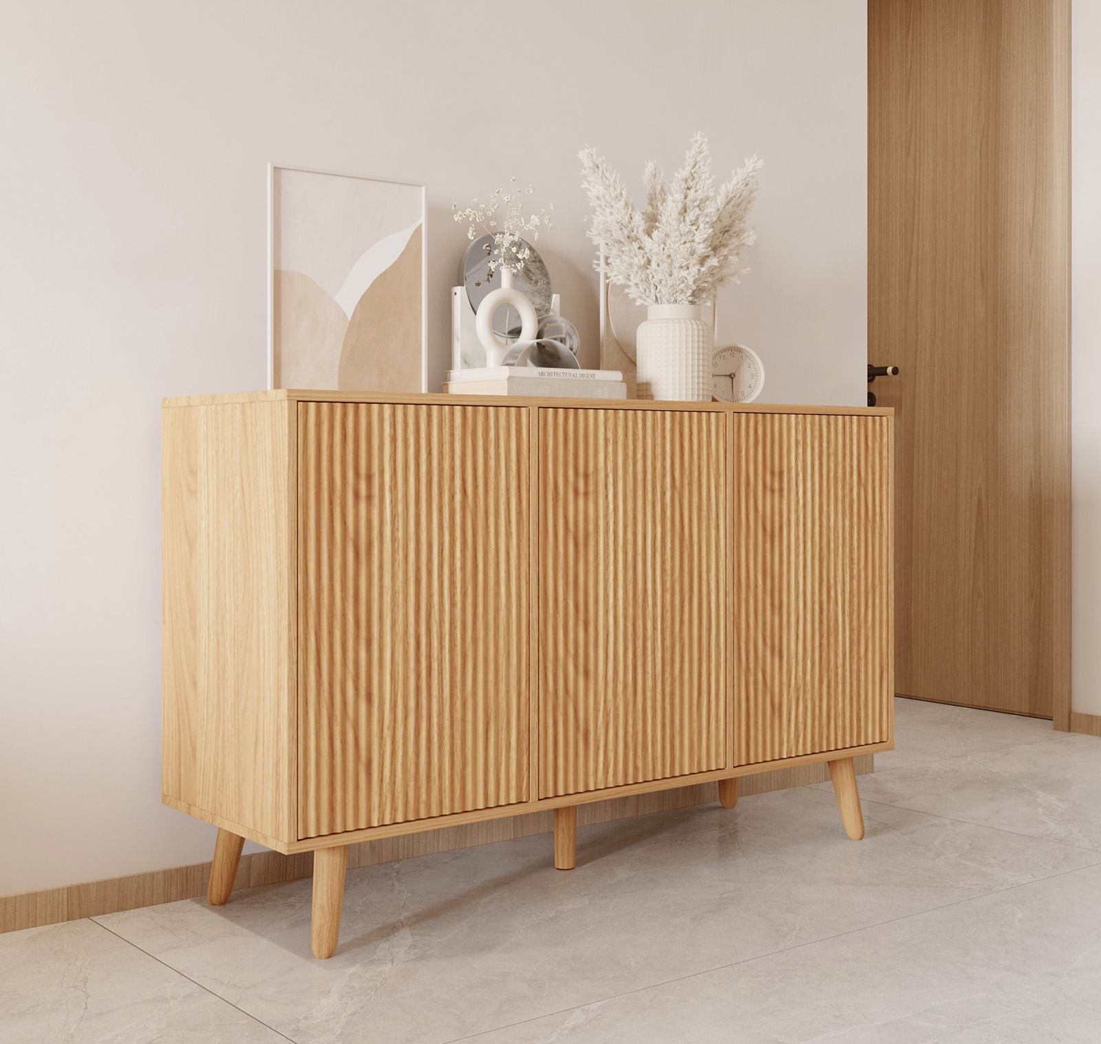 Sideboard Farbe Eiche Alba 120 cm mit geriffelten Türen Renzo