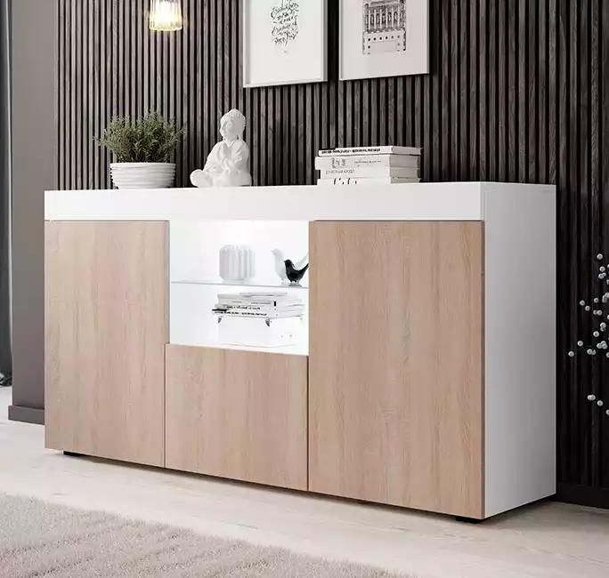 Sideboard Modell Natolia - matt Weiß und Sonoma 150 x 83 cm.