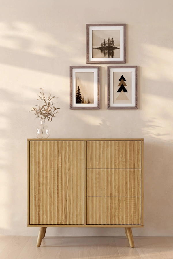 Gerilltes Sideboard Renzo M mit 1 Tür und Schubladen - Eiche Alba